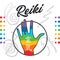 Healing Reiki energi. Logotype. Reiki symbol. Spiritual practice. The colors of the chakras in the healing hand