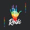 Healing Reiki energi. Logotype. Reiki symbol. Spiritual practice. The colors of the chakras in the healing hand. Vector.