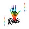 Healing Reiki energi. Reiki symbol. Logotype spiritual practice. The colors of the chakras in the healing hand. Vector