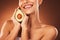 Health, avocado and happy skincare woman with satisfied smile for aesthetic, beauty and youth. Happiness, body care and