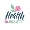 Health and Beauty Studio Vector Logo. Stroke Pink Rose Flower Illustration. Brand Lettering