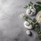 Health and beauty white and grey spa stones with a branch of leaves and flowers laid out on marble stone