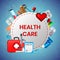 Health Care Banner. Microscope, Medical Tools