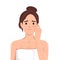 Health, care, examination, frustration concept. Young sad upset woman girl teenager cartoon character looking at mirror popping