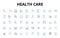 Health care linear icons set. Wellness, Medicine, Insurance, Prevention, Diagnosis, Rehabilitation, Emergency vector