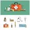 Health care medical flat banners. First aid icons set and design elements. Medical tools, drugs, scissors, stethoscope, syringe