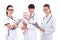 Health care and team work concept - portrait of three female doctors pediatricians with little baby patient isolated on white