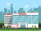 Health center, exterior of hospital building. Ambulance vector illustration