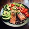 Health-focused smoked salmon dinner with quinoa salad and avocado slices