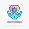 Health insurance thin line icon: hands holding heart with medical symbol. Modern vector illustration
