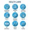 Health Laws and Legal icon set depicting various aspects of the legal system