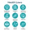 Health Laws and Legal icon set depicting various aspects of the legal system