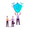 Health, Life or Property Insurance Concept. Agent Character Shaking Hand to Client, Man with Huge Shield