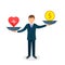 Health or money vector illustration. Heart versus money on scales. Businessman balances Health and coin concept. Vector