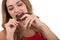 Health, people, food and beauty concept - Lovely smiling teenage girl eating chocolate