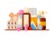 Healthcare, aid help. Medical set: tablets, syrups, drops, ointments, equipment.