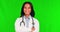 Healthcare, arms crossed and a doctor woman on a green screen background for insurance advice you can trust. Medical