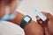 Healthcare, black man and hand with covid rapid test and smartwatch screen for advertising mockup. Corona pcr and