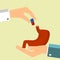 Healthcare concept. Doctor`s hand give medical pill for treatment human stomach. Vector illustration