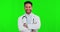 Healthcare, green screen and a doctor man arms crossed on a studio background for treatment or checkup. Portrait