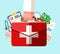 Healthcare insurance concept. First aid kit in doctor hand. Vector illustration in flat design.