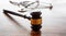 Healthcare Law. Medical stethoscope and judge gavel on lawyer office desk