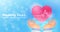 Healthcare and medical insurance banner. Doctor hands rising the heart with pulse graph on light blue bokeh background.