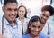 Healthcare, portrait and group selfie of doctors in hospital with pride, smile and clinic teamwork. Happy medical