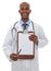Healthcare, portrait or man doctor with clipboard, pen or signature gesture in studio on white background. Medical
