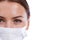 Healthcare, portrait and woman doctor with face mask in studio for safety from illness or bacteria on white background
