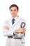 Healthcare, profession, people and medicine concept - smiling male doctor in white coat