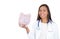 Healthcare professional holding up piggy bank
