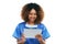 Healthcare tablet, nurse and black woman in studio isolated on white background mock up. Technology, wellness app and