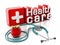 Healthcare text, stethoscope and red apple. 3D illustration