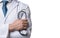 Healthcare worker crop view. Healthcare practitioner holding stethoscope. Healthcare professional