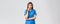 Healthcare workers, prevent virus, insurance and medicine concept. Intrigued female doctor or nurse in blue scrubs