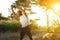 Healthy african american man stretching muscles outdoors