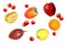 Healthy apple, orange, persimmon, cranberry, pepino, and tamarillo fruits collection isolated