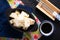 Healthy Asian food concept organic tofu in black ceramic cup with copy space