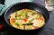 Healthy asparagus omelette. Eggs omelet with asparagus, tomatoes, and cheese