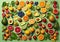 Healthy assorted fresh organic fruits and vegetables.Top view.AI generative