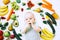 Healthy baby child nutrition, food background, top view.