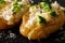 Healthy baked potato with broccoli, chicken, onions and cheese c