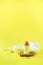 Healthy baking ingredients - butter, sugar, flour, eggs, oil, spoon, brush, whisk, milk over yellow background. Banner. Bakery