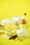 Healthy baking ingredients - butter, sugar, flour, eggs, oil, spoon, rolling pin milk over yellow background. Banner. Bakery food