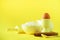 Healthy baking ingredients - butter, sugar, flour, eggs, oil, spoon, rolling pin milk over yellow background. Banner. Bakery food