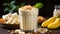 Healthy banana smoothie milkshake in glass with bananas on table