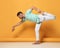 Healthy bearded man balancing on one leg stretching portrait