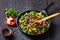 Healthy beef fajitas and vegetables, top view