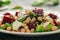 Healthy Beet Salad with chickpeas, pistachios nuts, feta cheese on rustic wooden background